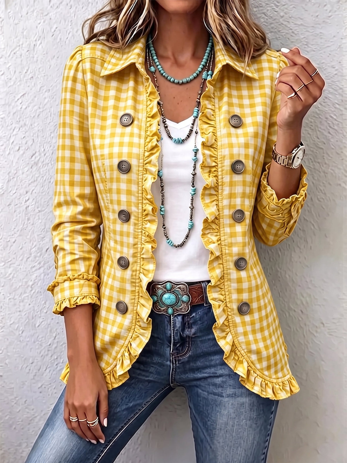 Claudia | Chaqueta plisada de cuadros vichy con botones
