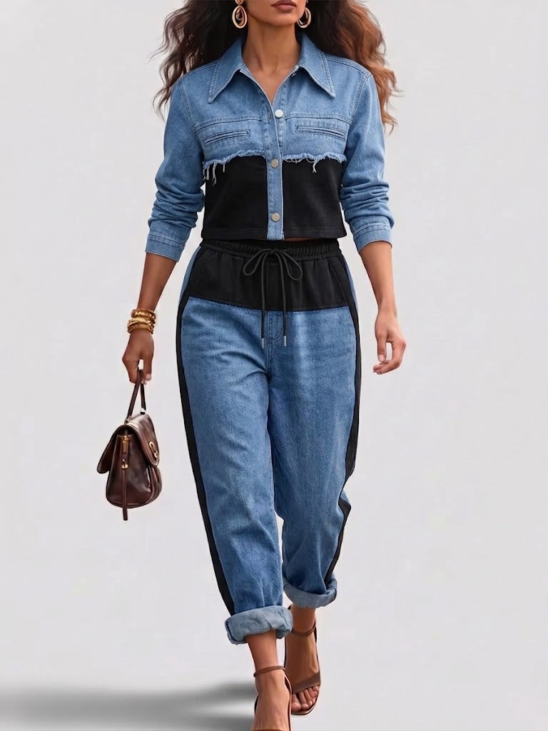 Danielle | Conjunto de chaqueta corta color block y pantalón de pierna ancha