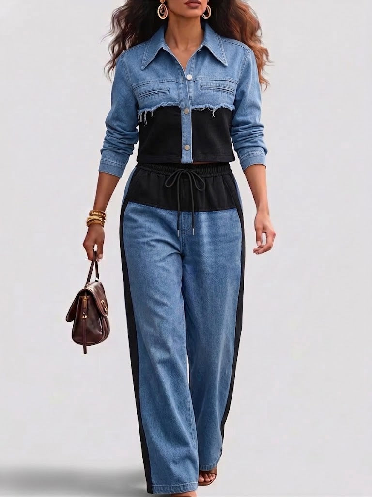 Danielle | Conjunto de chaqueta corta color block y pantalón de pierna ancha