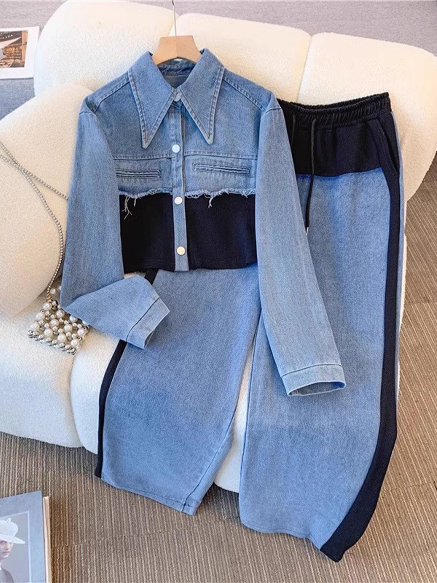 Danielle | Conjunto de chaqueta corta color block y pantalón de pierna ancha