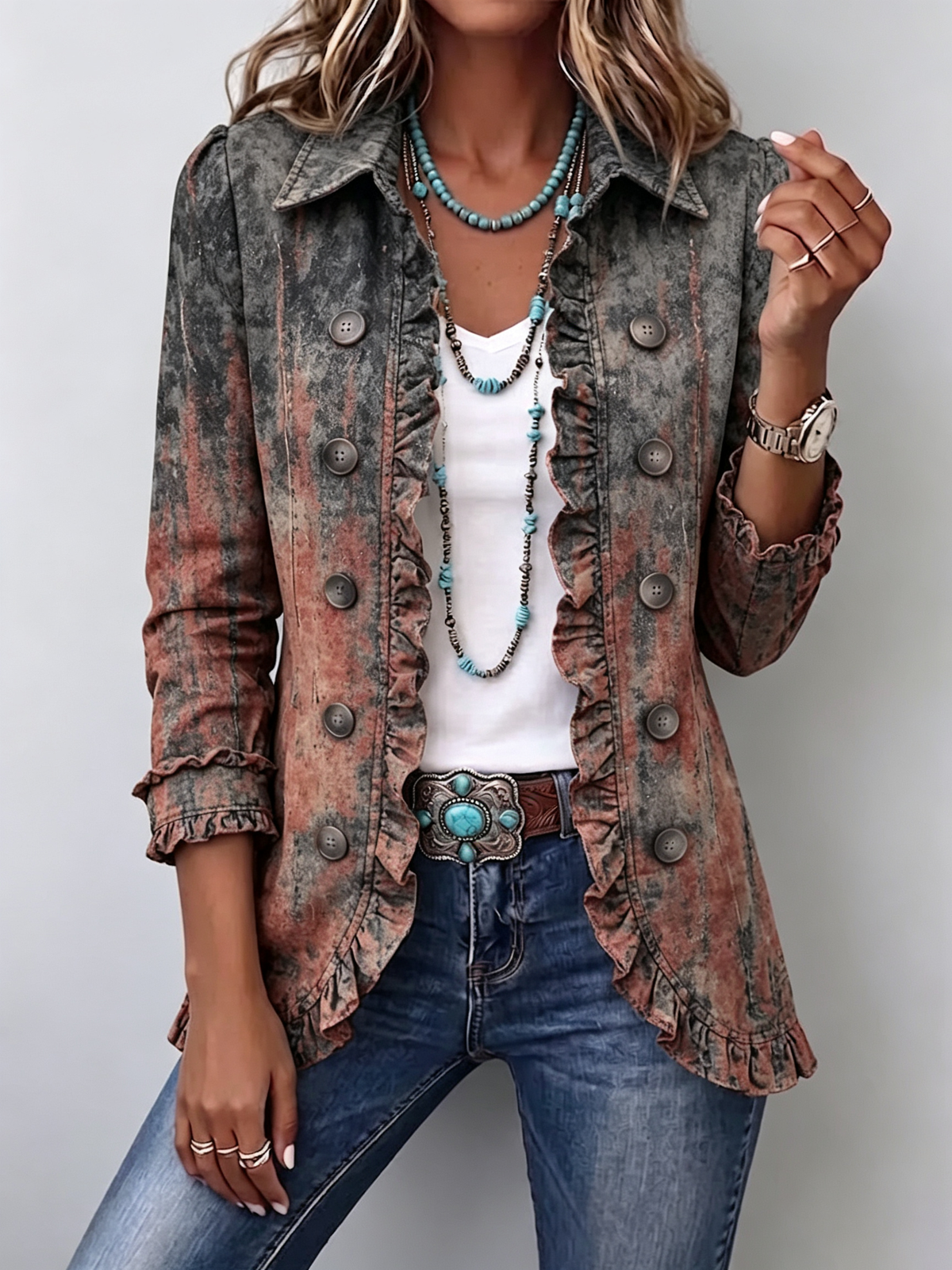 Jeannette | Chaqueta vintage con estampado texturizado degradado y volantes